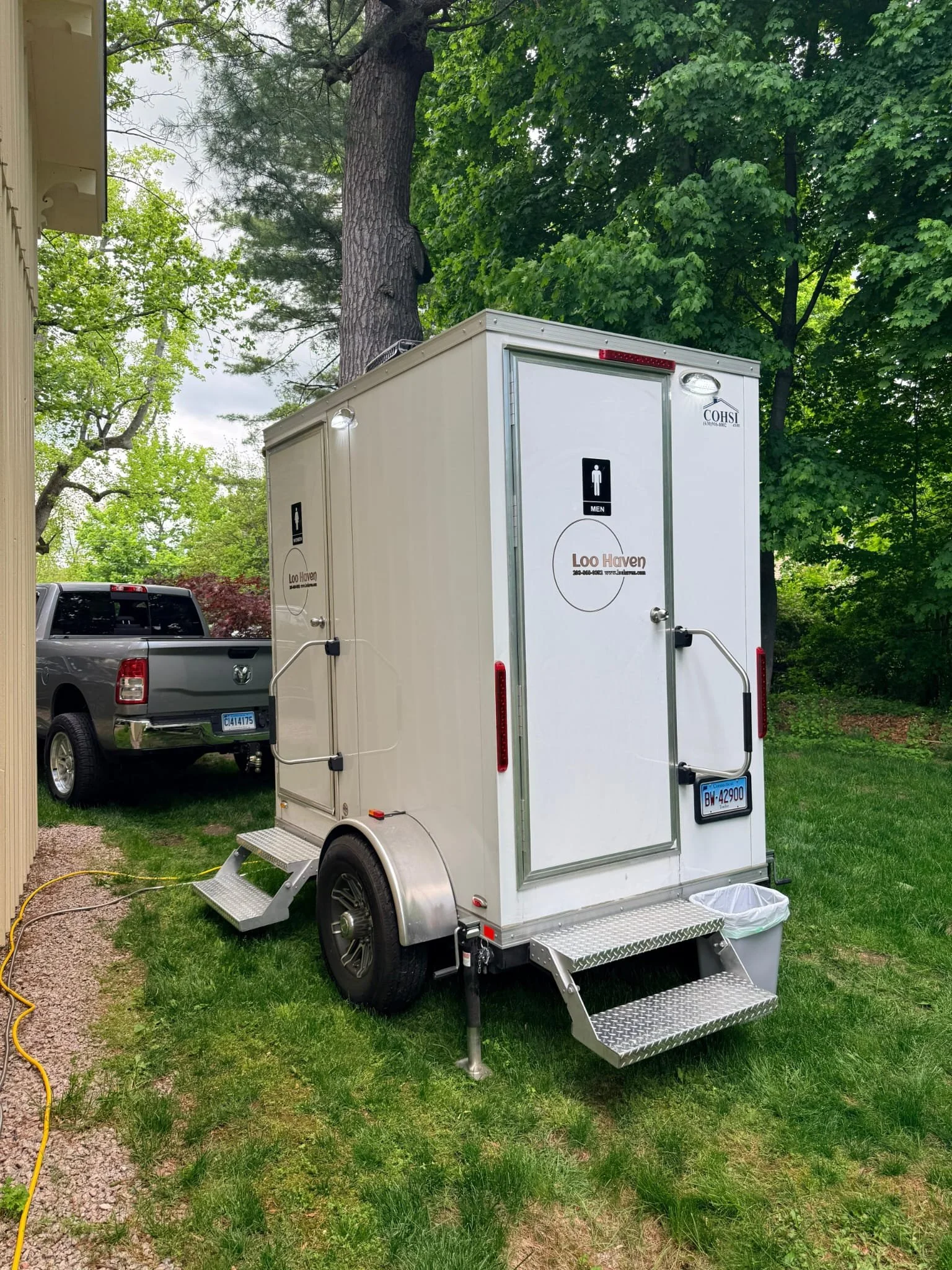 Loo Haven luxury restroom trailer set up outdoors in Berlin, Connecticut