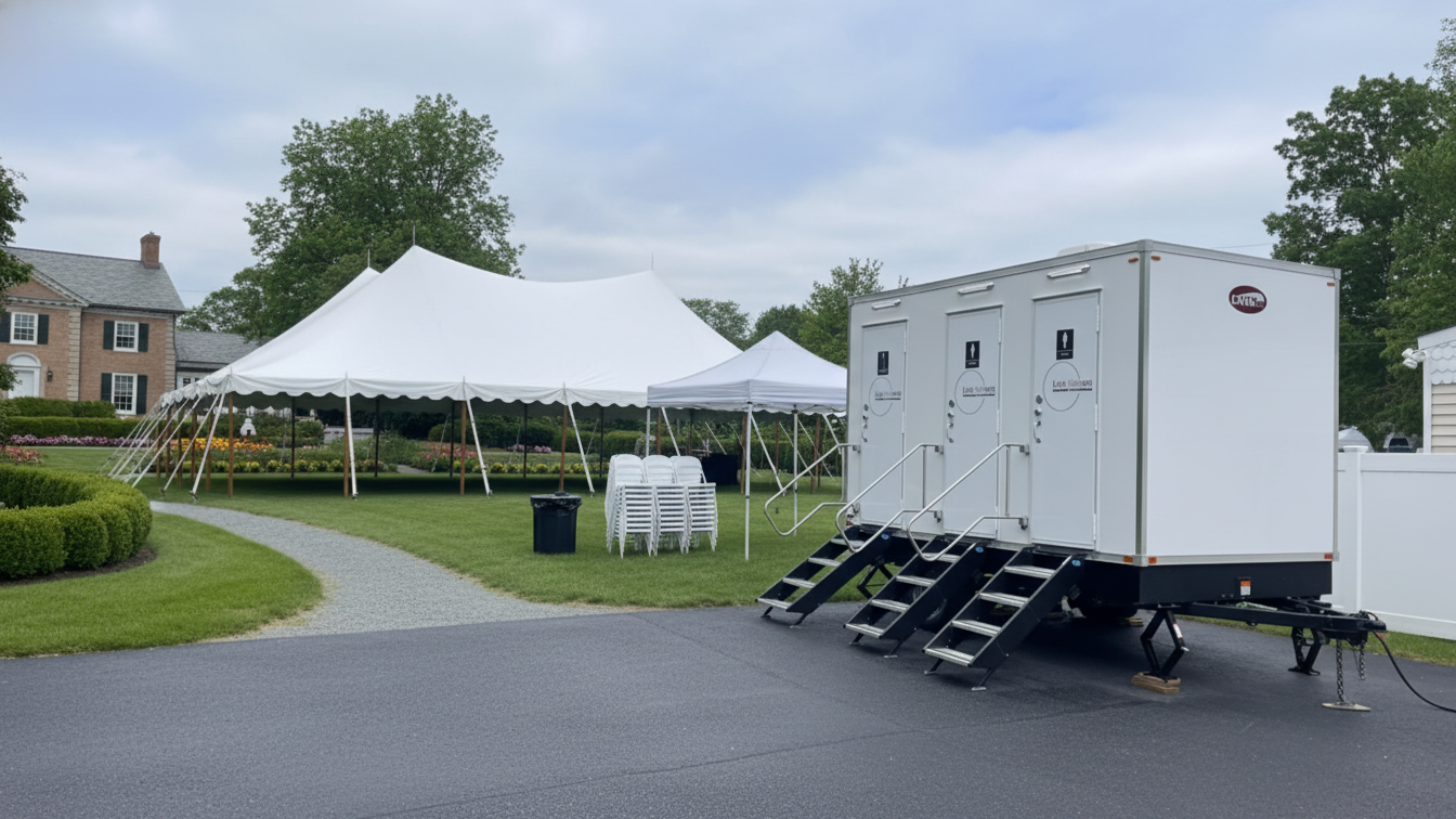 Loo Haven restroom trailer beside a tented wedding reception in Bloomfield, Connecticut