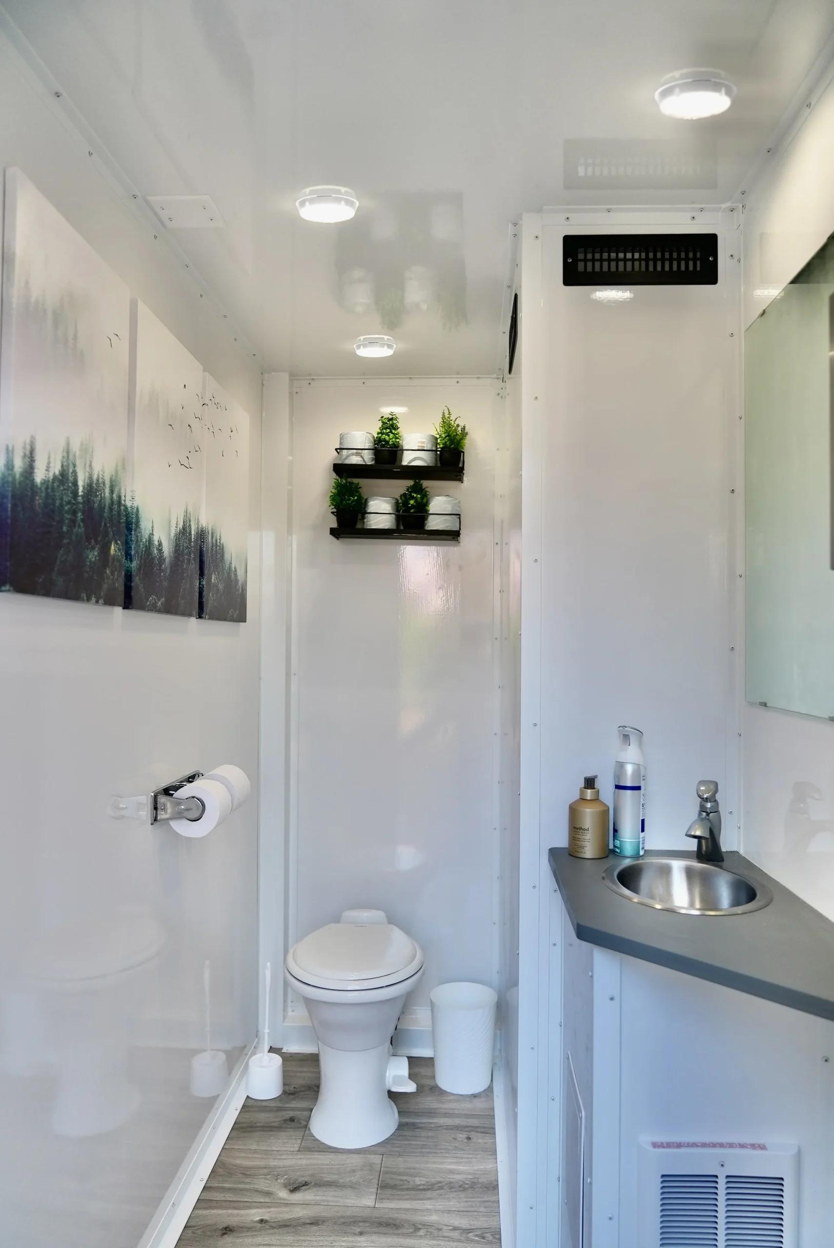 Inside a Loo Haven luxury restroom trailer in Berlin, Connecticut