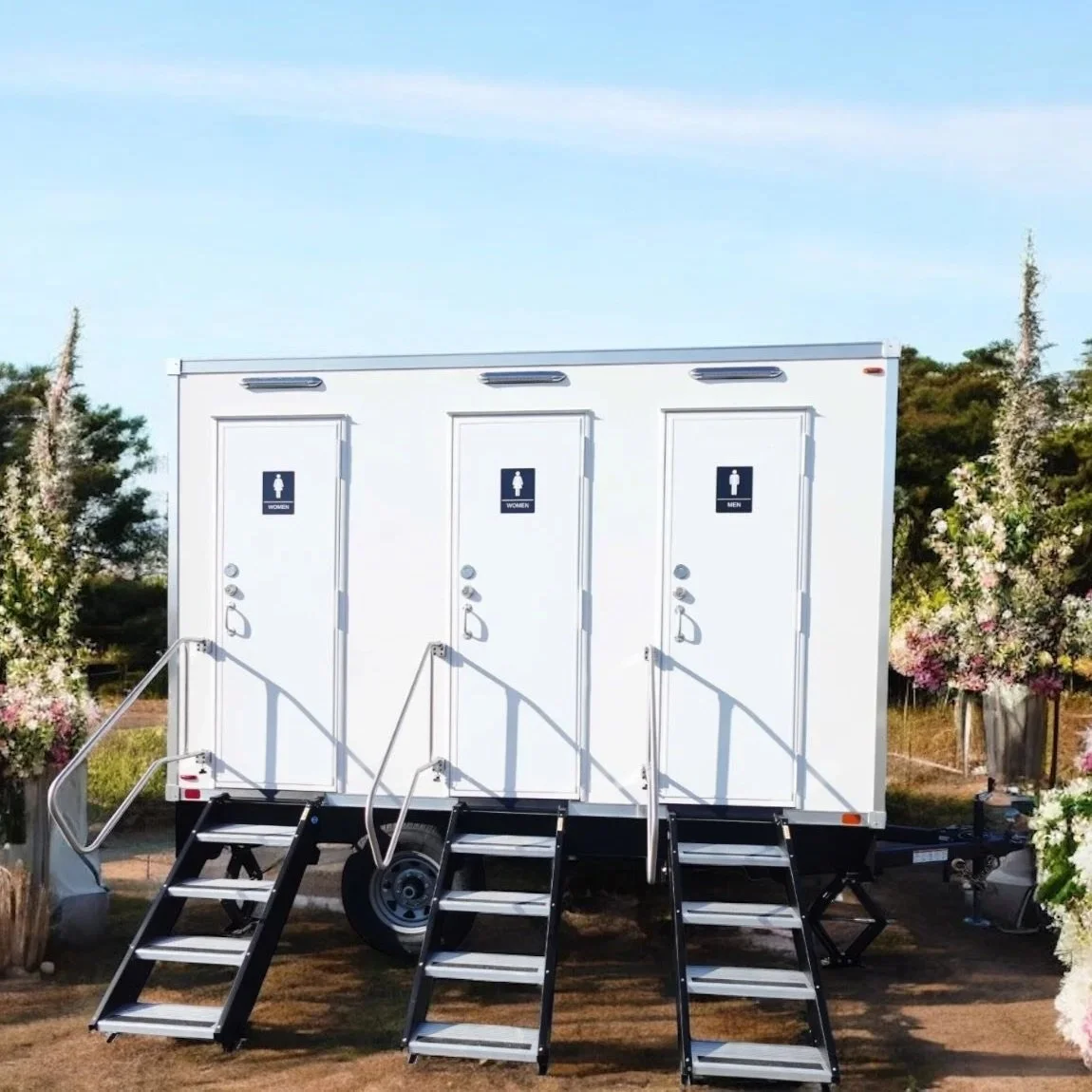 Luxury restroom trailer with a velvet-rope entrance in Berlin, Connecticut